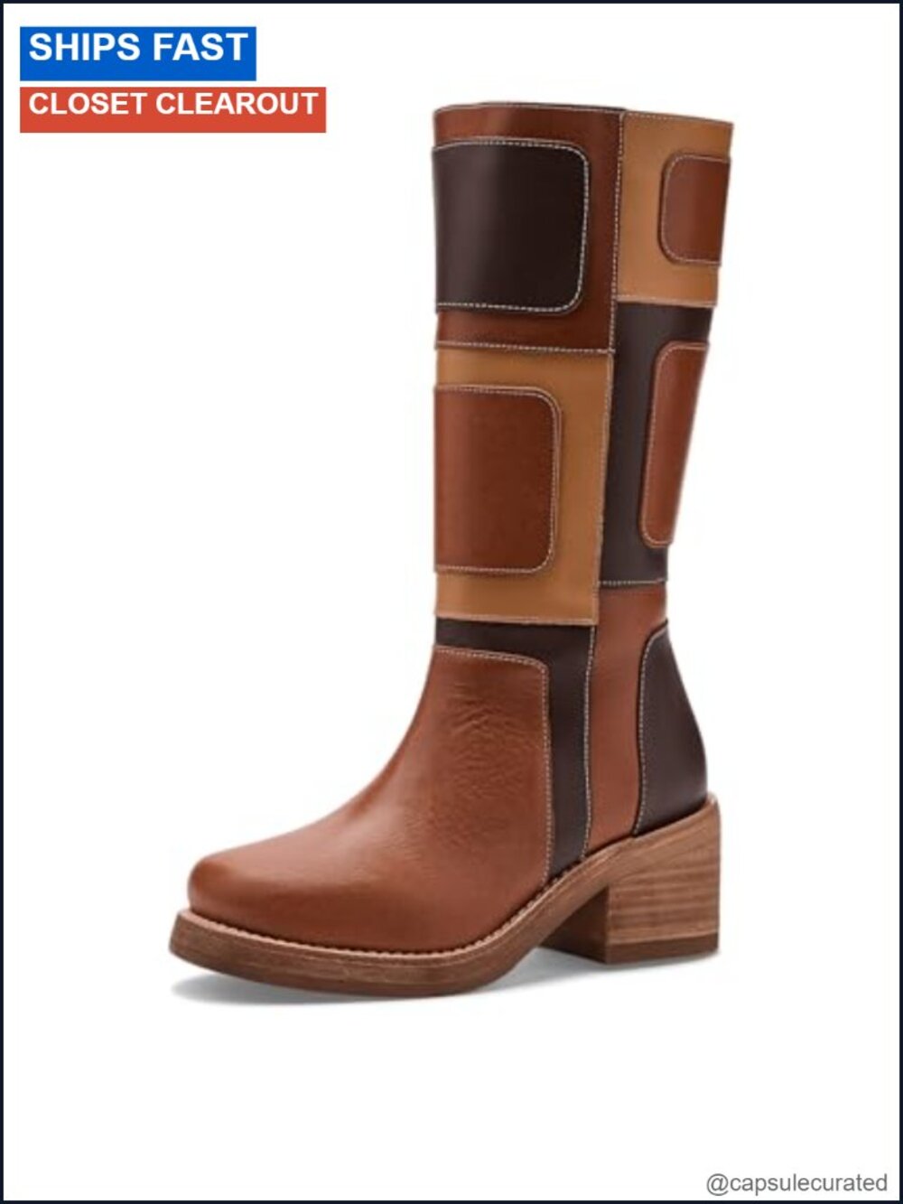 Dingo Patches Leather Mid Calf Boots, Block Heel, Zip